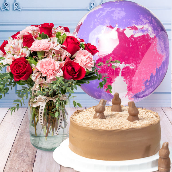 Enamorados - con Pastel de Conejito Turín y Globo Explosión Morado y Rosa